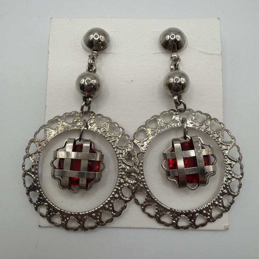 Vintage Silver Tone Red Stone Caged Hoop Earrings Filigree Woven Openwork